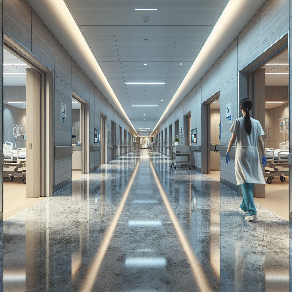 Healthcare facility corridor with premium commercial quartz flooring in calming neutral tones