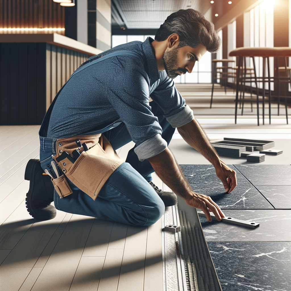 Professional flooring installer laying quartz floor tiles in commercial space with precision tools